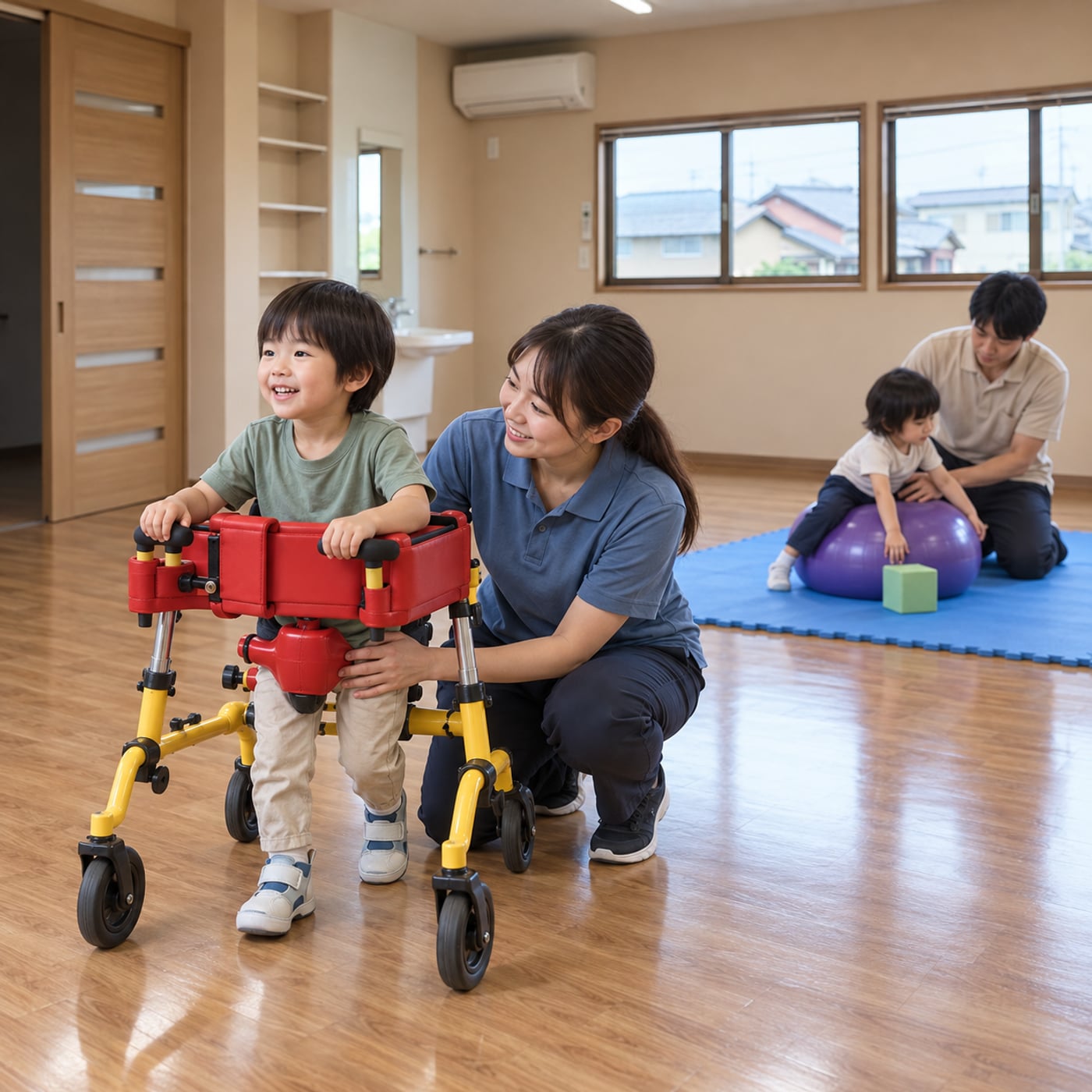 寺子屋アップルキッズで歩行器を使った療育を行う様子